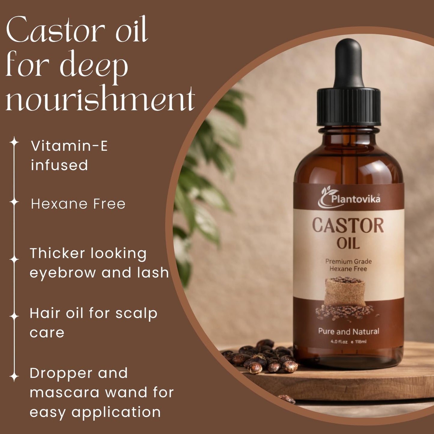 Plantovika Castor Oil for Hair, Eyelashes & Eyebrows – 100% Pure Cold-Pressed Castor Oil with Vitamin E, Moisturizing Oil for Hair, Scalp, Lashes & Skin (4 Fl Oz)