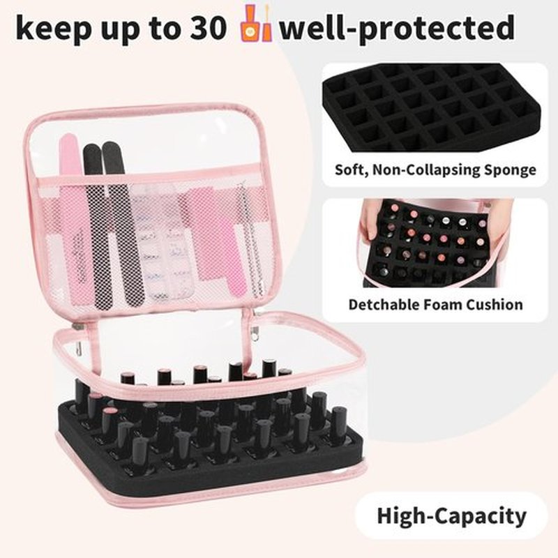 Beloving Clear Nail Polish Organizer Holds 30 Bottles PVC Nail Polish Case See-Through Nail Supplies with Manicure Tools Storage Sections, Portable Travel Nail Tech Carrying Bag for Storage Display