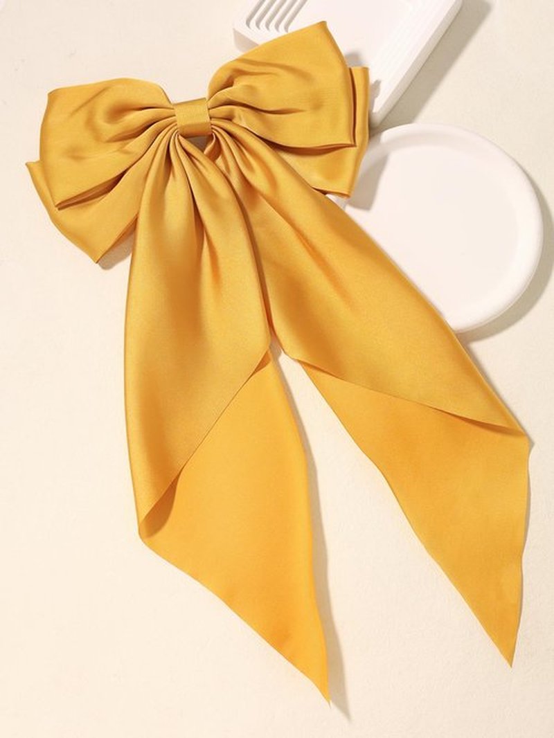 SUSULU Large Hair Bow Clips for Women Ginger Yellow Hair Bow White Hair Bow Slides for Girls Satin Hair Barrettes with Long Ribbon Tail,Wedding Birthday Women Hair Accessories Pack of 2