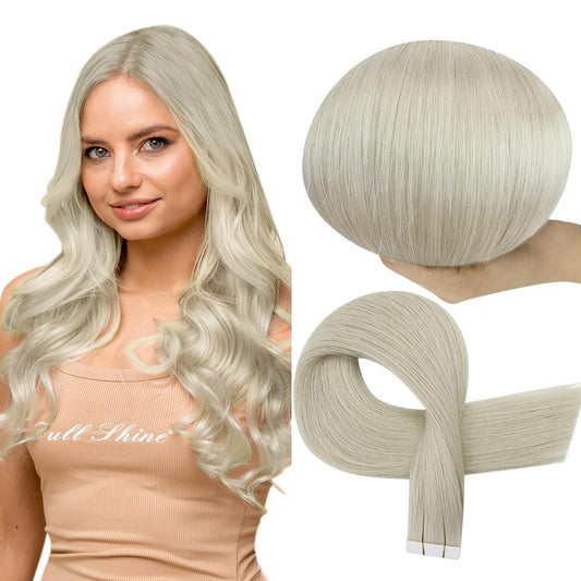Full Shine Ice Blonde Tape in Extensions Human Hair Virgin Tape in Hair Extensions Real Human Hair Color 1000 Blonde 25 Gram Invisible Tape in Virgin Hair Extensions Straight Hair 10pcs Remy Hair