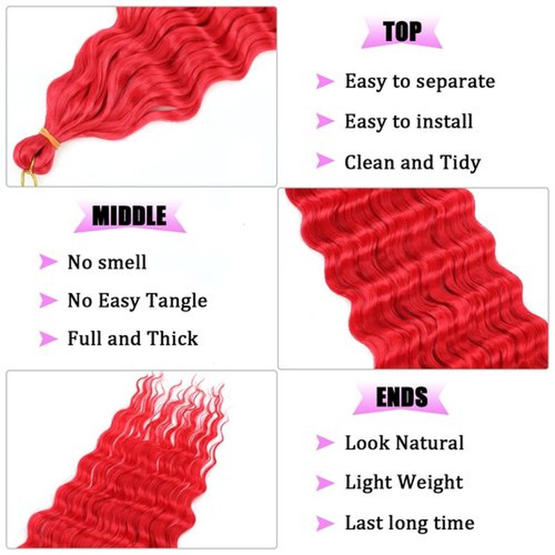 ZRQ 30 Inch Deep Wave Crochet Hair Red Color Long Ocean Wave Crochet Hair 7 Packs Curly Braiding Hair For Beach Curl Braiding Hair Synthetic Braiding Hair Extensions #Red