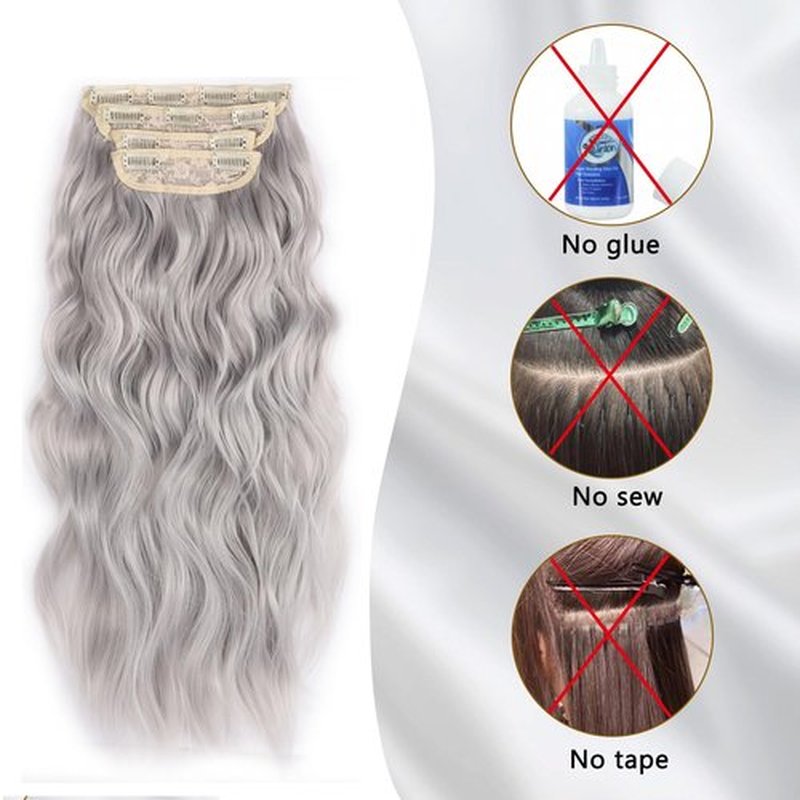 20Inches Silver Gray Clip in Hair Extensions 4PCS Grey Thick Hairpieces long Wavy Clip in Hair Extensions Double Weft Long Hairpieces Full Head For Women (20INCH, 60#)