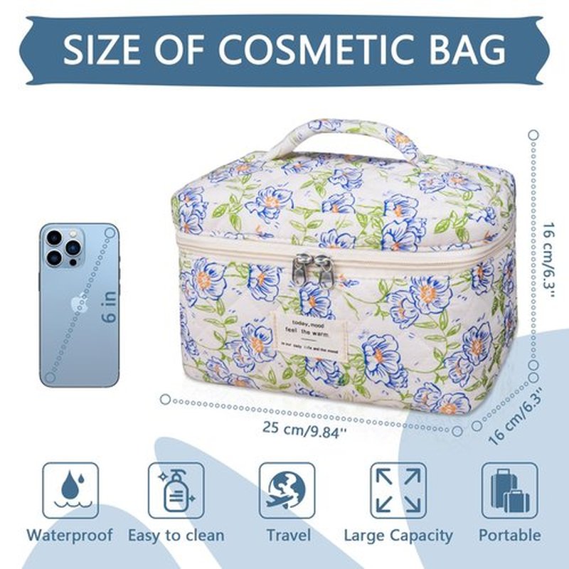 Large Makeup Bag, Cute Cosmetic Bag for Women Girls, Floral Coquette Aesthetic Toiletry Bag, Travel Make Up Organizer Bag (light blue)