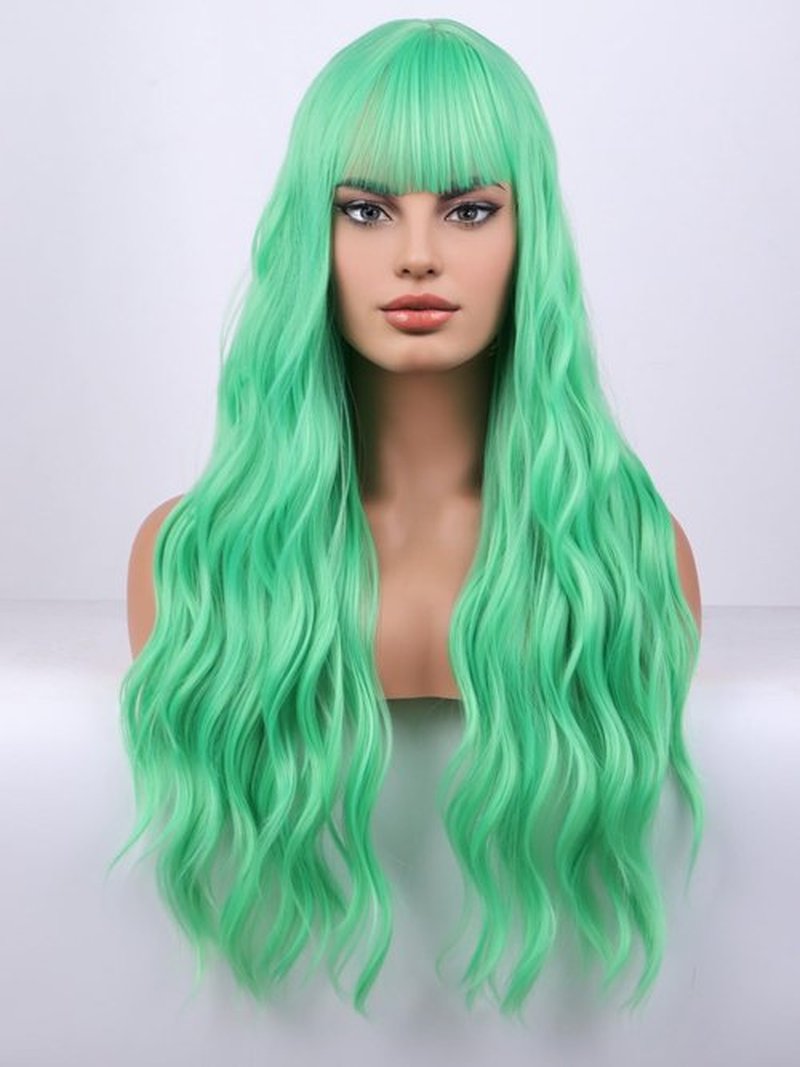 MAGQOO Green Wig for Women Long Curly Wavy Light Green Wig Mint Green Wig with Bangs Synthetic Heat Resistant Fiber Halloween Cosplay Costume Daily Party Use