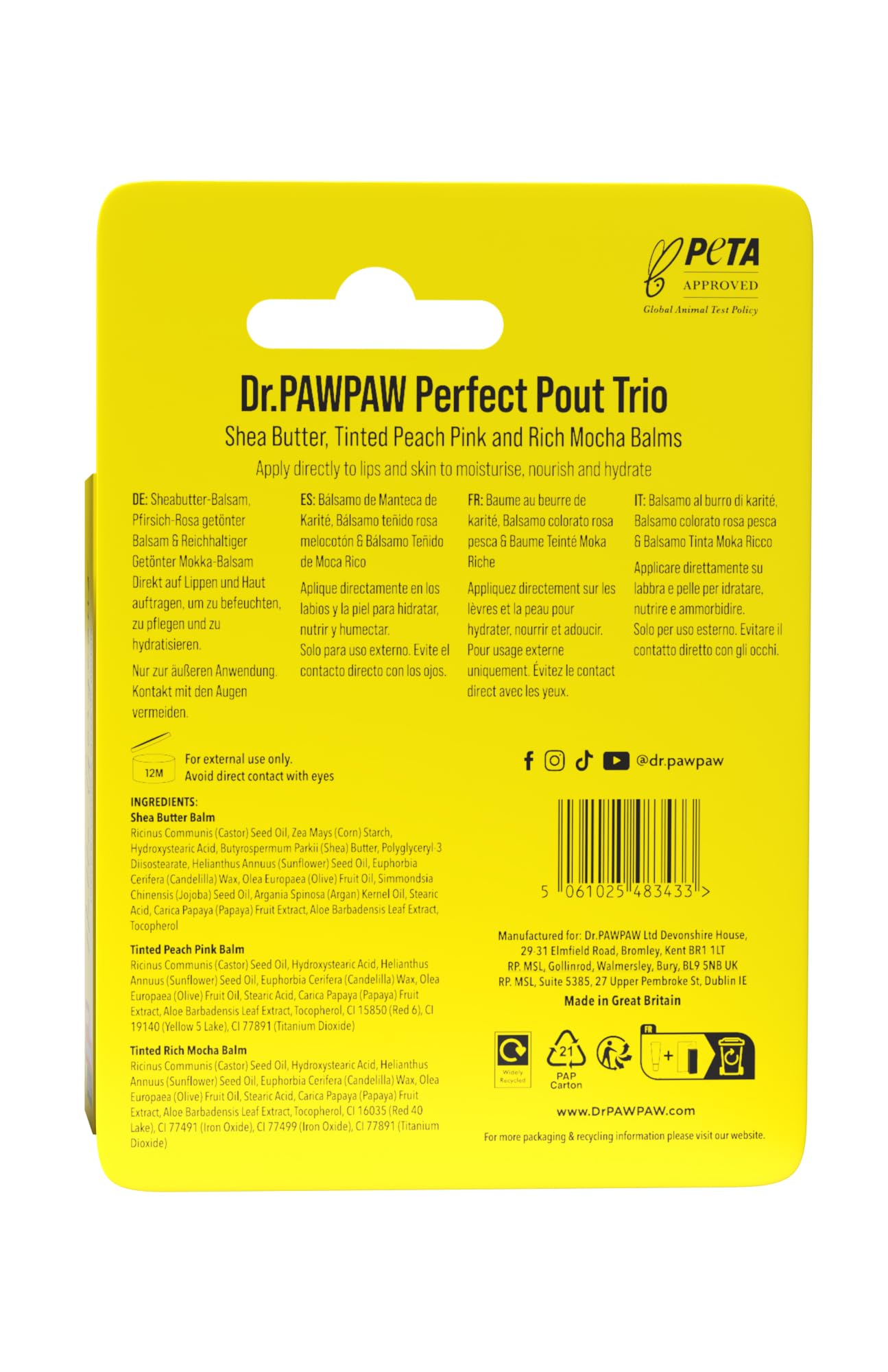 Dr. PawPaw Mini Perfect Pout Trio - Lip Balm Giftset - Nourishing and Hydrating Lip Balms for Women - Peach Pink, Shea Butter, and Rich Mocha - 3 pc
