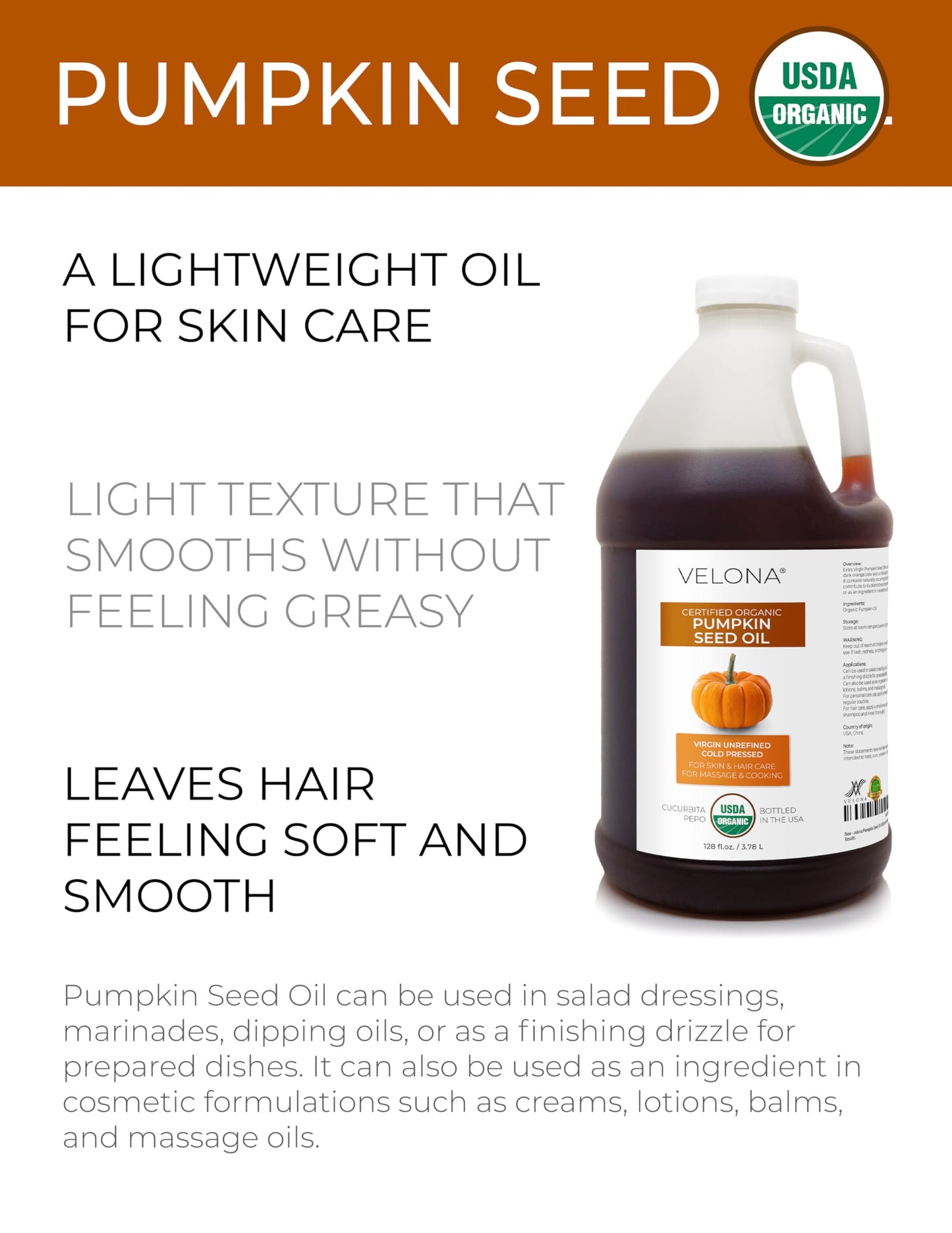 velona Pumpkin Seed Oil USDA Certified Organic - 1 Gallon / 128 Fl Oz | 100% Pure and Natural Carrier Oil | Unrefined, Cold Pressed | Cooking, Face, Hair, Body & Skin Care | Use Today - Enjoy Result