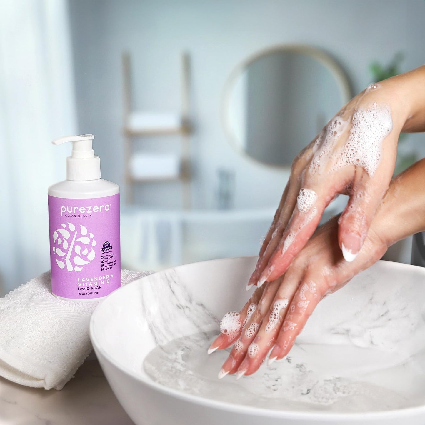 Purezero Lavender & Vitamin E Hand Soap Soothing & Hydrating, Paraben-Free & Vegan Liquid Hand Wash for Bathroom or Kitchen, USA-Made, Cruelty-Free, 10 ounces (1 Pack)
