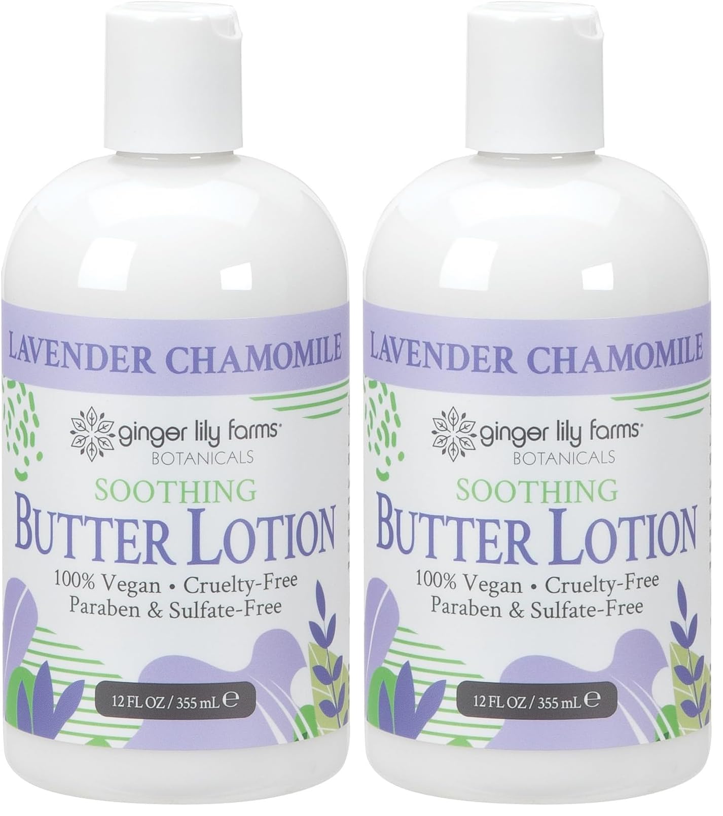 Ginger Lily Farms Botanicals Soothing Butter Lotion for Dry Skin, 100% Vegan & Cruelty-Free, Lavender Chamomile Scent, 12 Fl Oz (Pack of 2)