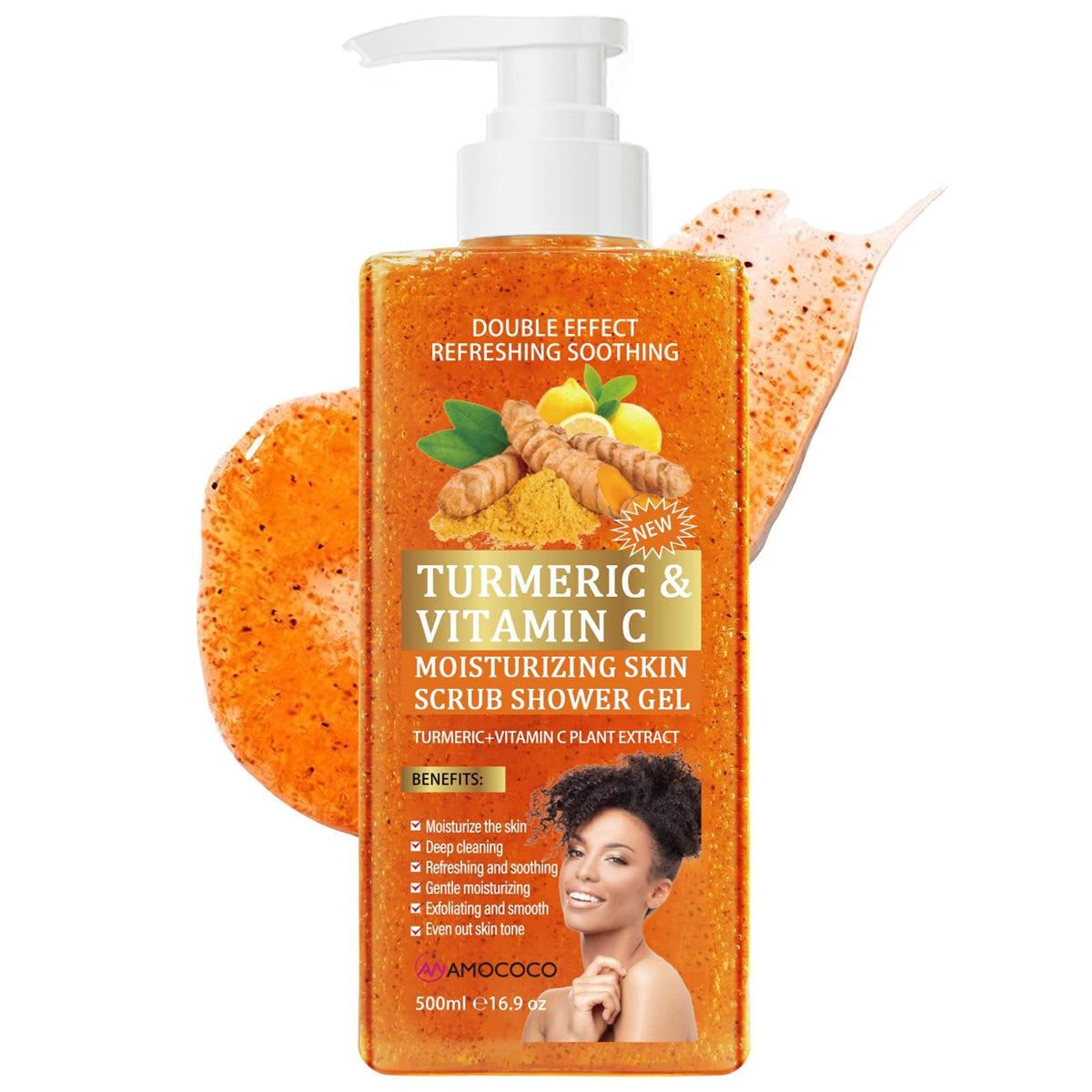 Amococo Vitamin C Turmeric Body Scrub Body Wash, Gentle Exfoliating Shower Gel with Fine Scrub Particles, Hydrating & Moisturizing Daily Cleanser Shower Gel, Unisex, 16.9 fl oz