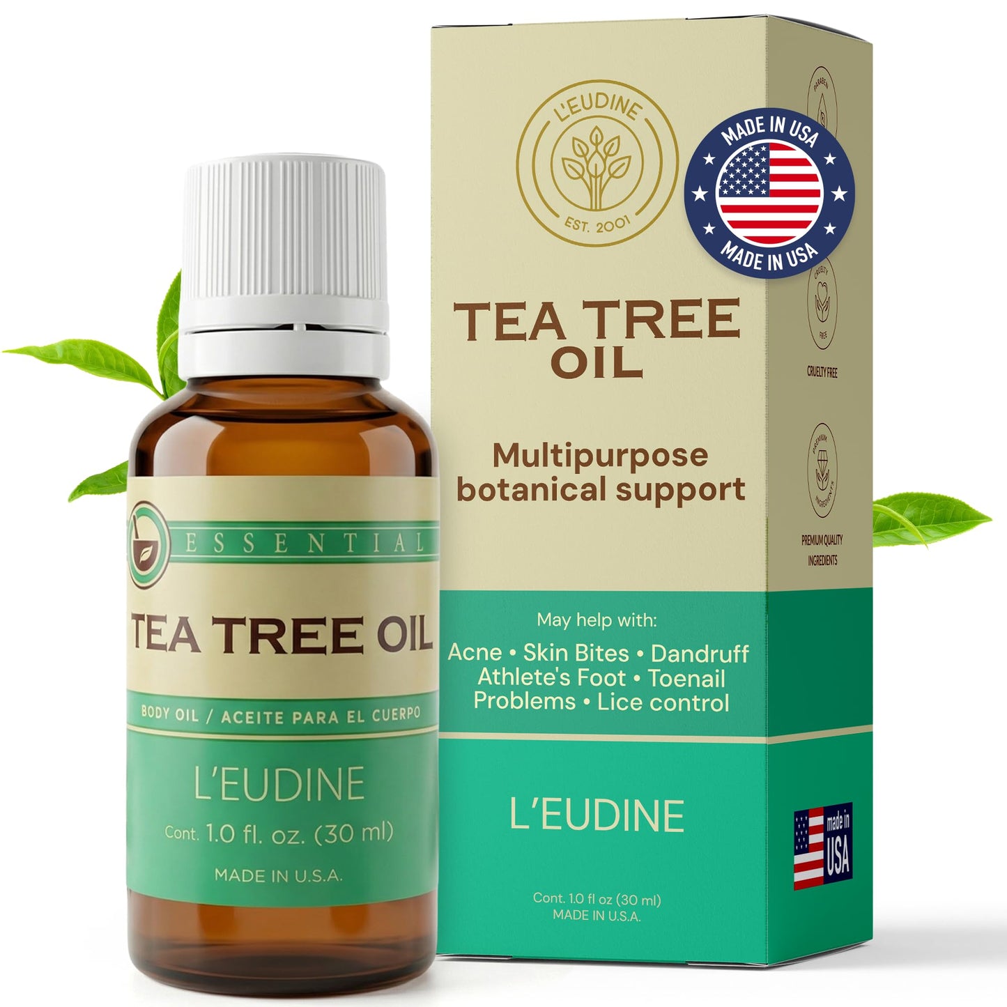 L’EUDINE Tea Tree Oil – 1fl Oz Multipurpose Body Oil for Acne, Toenail Problems, Dandruff, Skin Bites, Lice – Made in USA – All-Natural and Safe Essential Oil – Refreshing on Clothes, Cleaning
