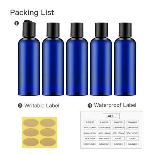 owlyee 3.4 oz Travel Bottles for Toiletries, Empty Travel Size Containers Tsa Approved, 5PCS Small Plastic Shampoo Bottles with Labels (100ml, Blue)