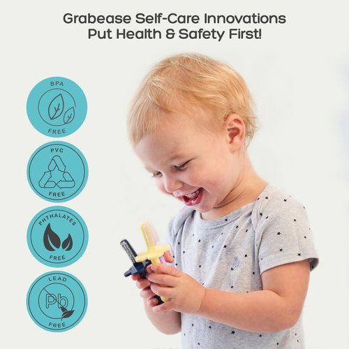 grabease Toddler Baby Infant Double Sided Toothbrush Baby Toothbrush for Infants, BPA-Free & Phthalate-Free for Baby & Toddler, 4 Pack, Navy, Gray, Orange, Teal