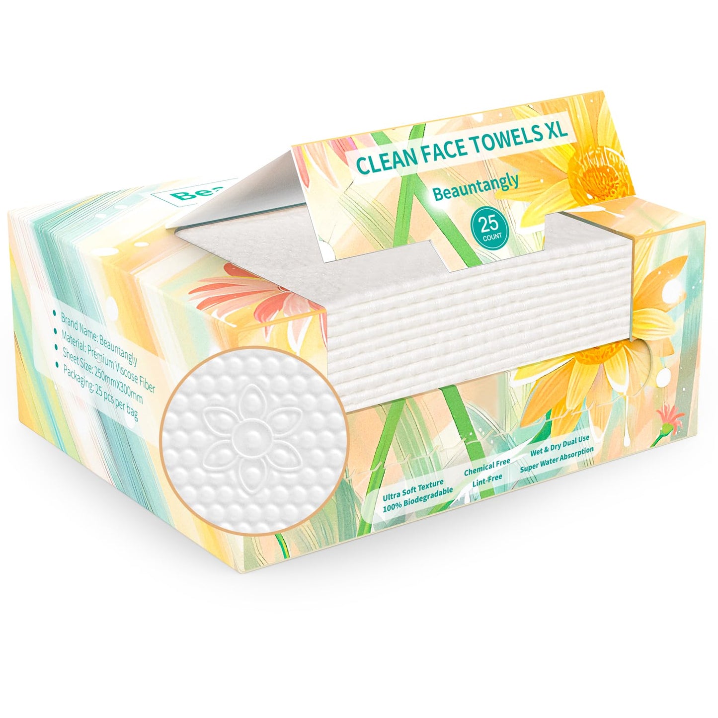 Beauntangly Disposable Face Towel, XL Facial Towelettes Soft Thick Absorbent, Lint-Free Biodegradable Makeup Remover Dry Wipes for Skin Care Washing Drying Nursing Camping Travel Essentials, 25 Ct