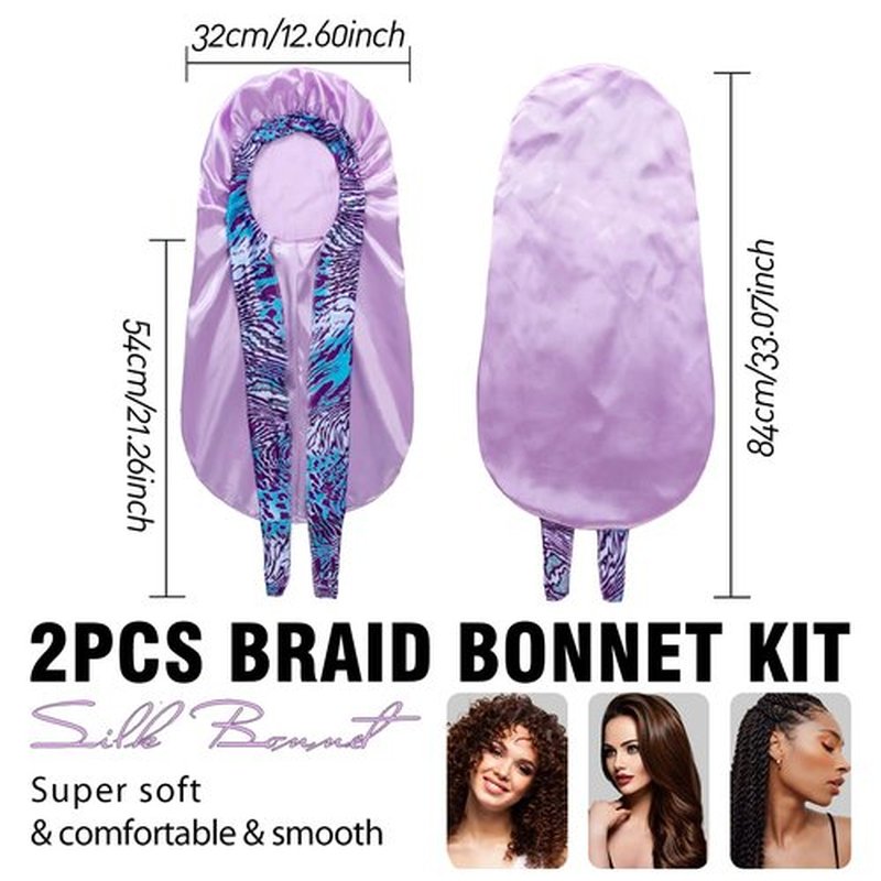2Pack Bonnets for Black Women Braid Bonnet, Large Long Bonnet Satin Bonnet for Braids,Black Women Silk Bonnet with Stretchy Tie Band Braid Bonnet for Sleeping Extra Long (Black&Light Purple Pattern