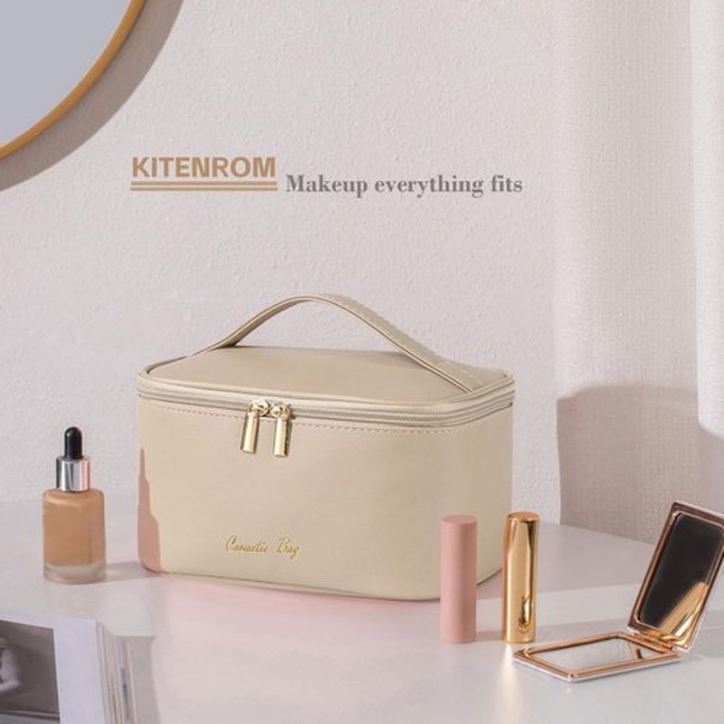 KITENROM Nature Makeup Bag,Premium Travel Makeup Organizer, Ideal Cosmetic Brush Bags Case for Women (Light Khaki)