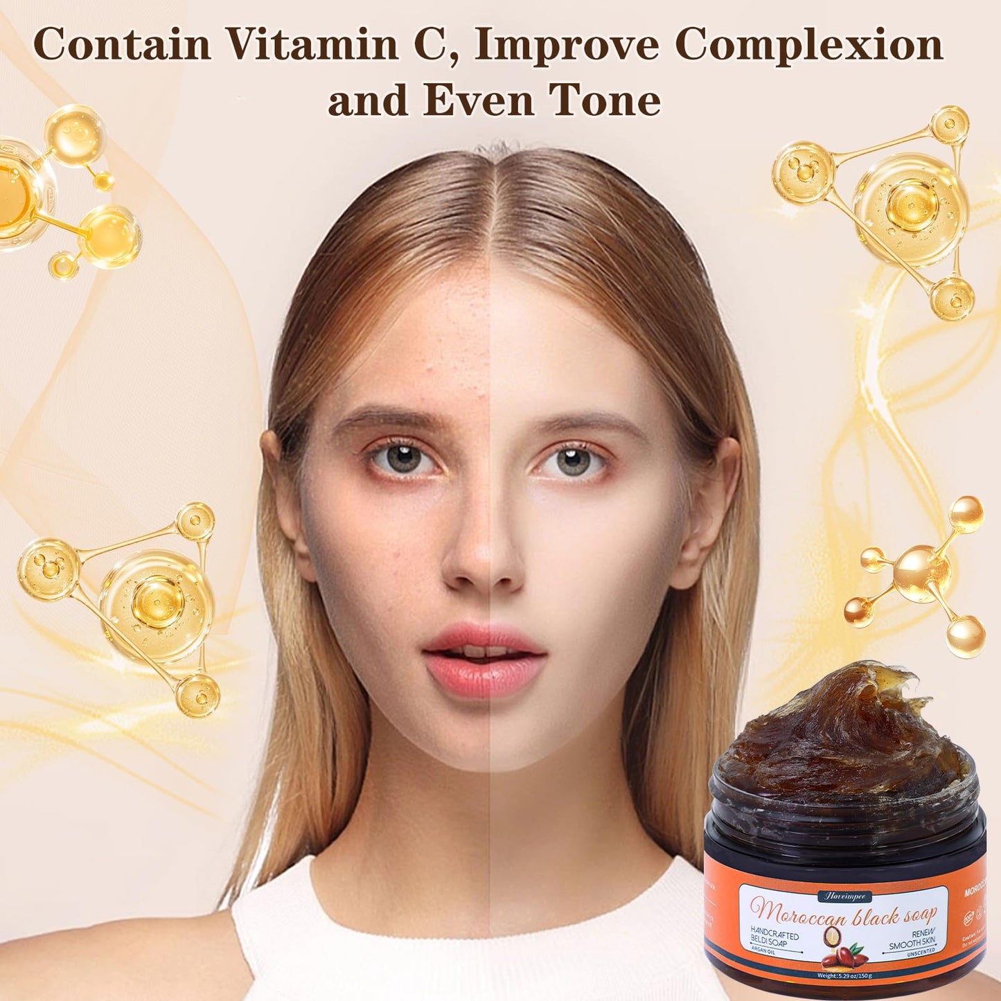 Hoveimpee 2 Pack Organic Moroccan Black Soap Soften Skin, Moisturizing Beldi Soap with Argan Oil and Vitamin C Even Tone, Moroccan Hammam Kit, Fragrance Free, 5.29 oz/150 g