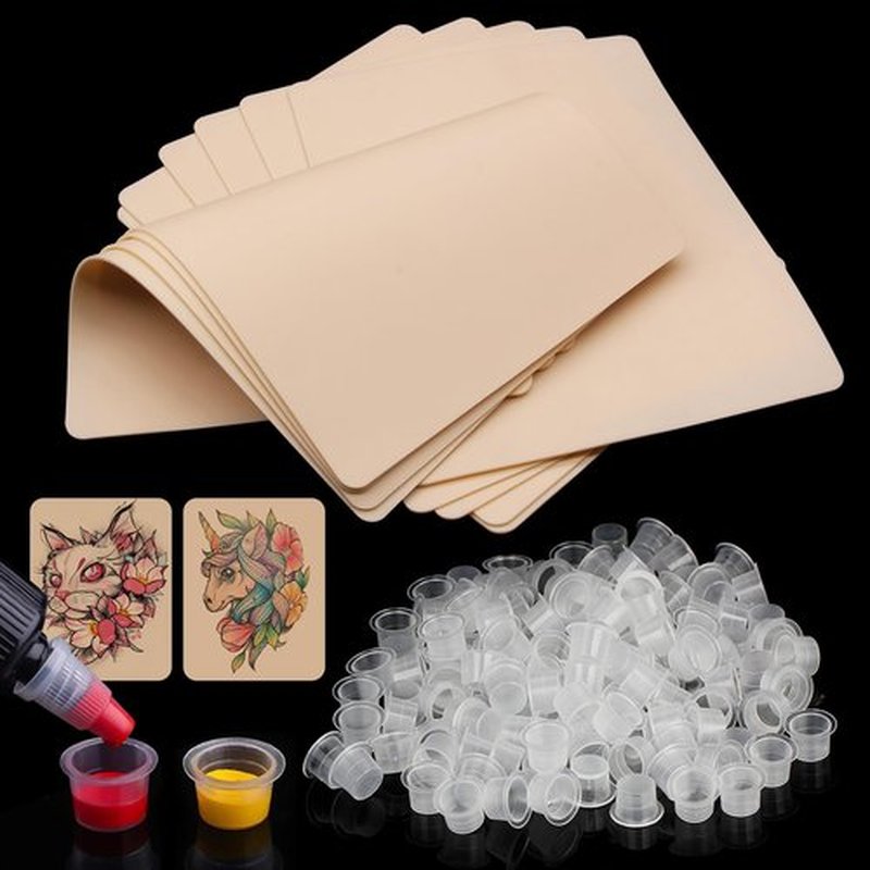 Tattoo Practice Skins with Ink Cups Large - Autdor 1010Pcs Tattoo Fake Skin and Ink Caps Kit Includes 1000Pcs Pigment Ink Cups 16mm and 10Pcs Double Sided Blank Tattoo Skin Practice