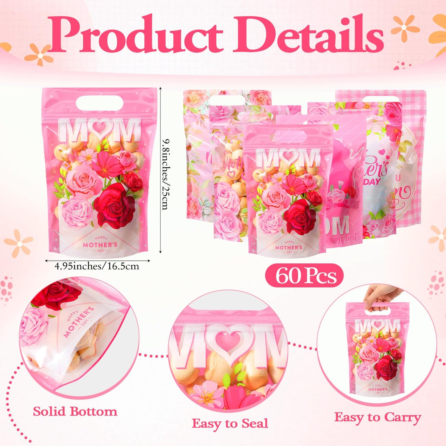 Kosiz 60 Pcs Mother's Day Gift Bags with Handles Plastic Pink Flower Mom Candy Treat Goodie Cookie Bags for Mothers Day Theme Floral Party Favors Supplies