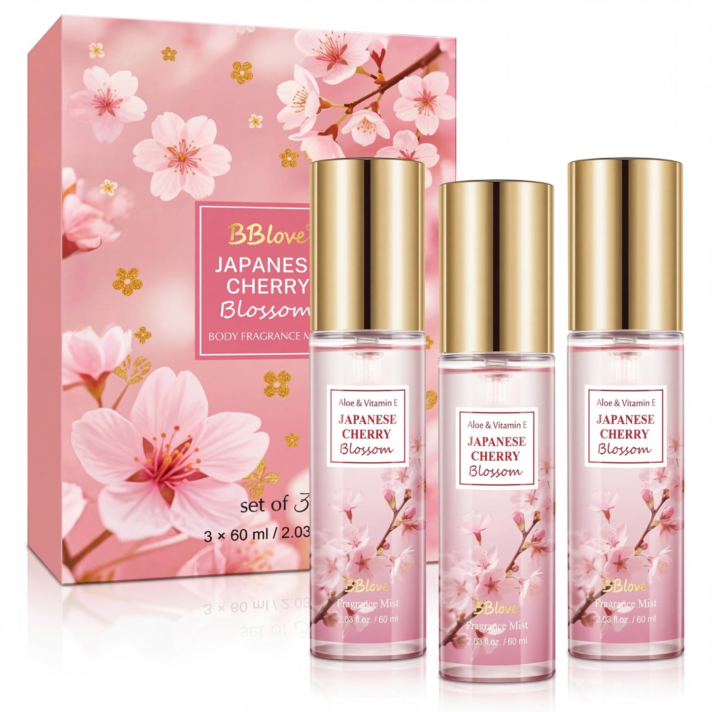BBlove Body Mist Set for Women – Japanese Cherry Blossom Bath & Body Care, Body Spray 3 Pack (Travel Size 2.03 Fl Oz Each) – Floral Fragrance Gift Set for Mother's Day, Birthday & Holiday
