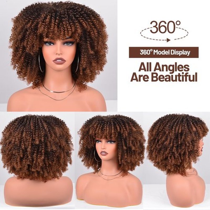 Vitorish Synthetic Hair Wig 12 Inches Curly Afro Wig With Bangs about 280g/Piece Full Machine Made Scalp Top Wig Afro Kinky Curly Synthetic Hair Cosplay Wig (Black to Brown)