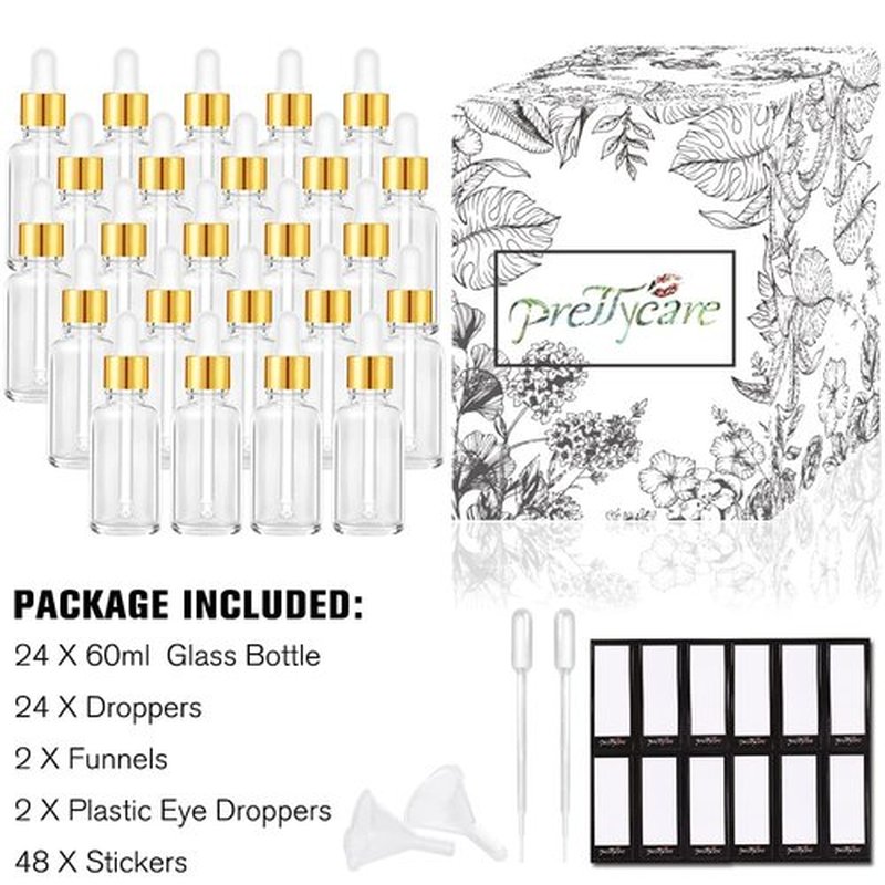 24 Pack 2 Oz Glass Eye Dropper Bottles Clear, 60 ml Empty Tincture Dropper Bottle with droppers, 1 Extra Cap, 2 Plastic Funnels, 2 Pipettes & 48 stickers for DIY Essential Oils, Body Oil, Beauty Oil