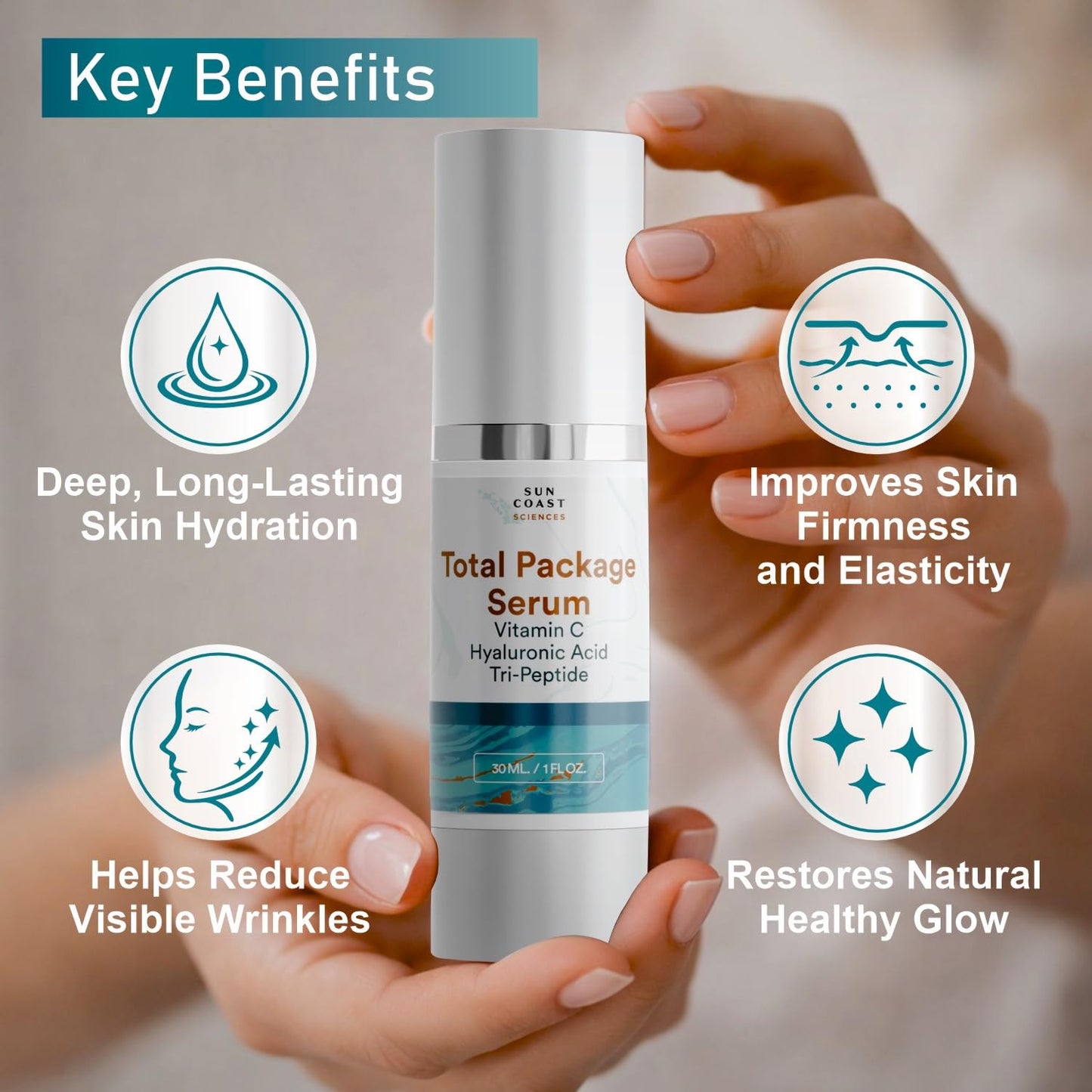 Sun Coast Sciences - Total Package Serum - Vitamin C Serum with Hyaluronic Acid & Peptides for Face - Hydrating Anti Aging Face Serum for Smoother, Firmer Looking Skin - 1 Fl Oz (Pack of 3)