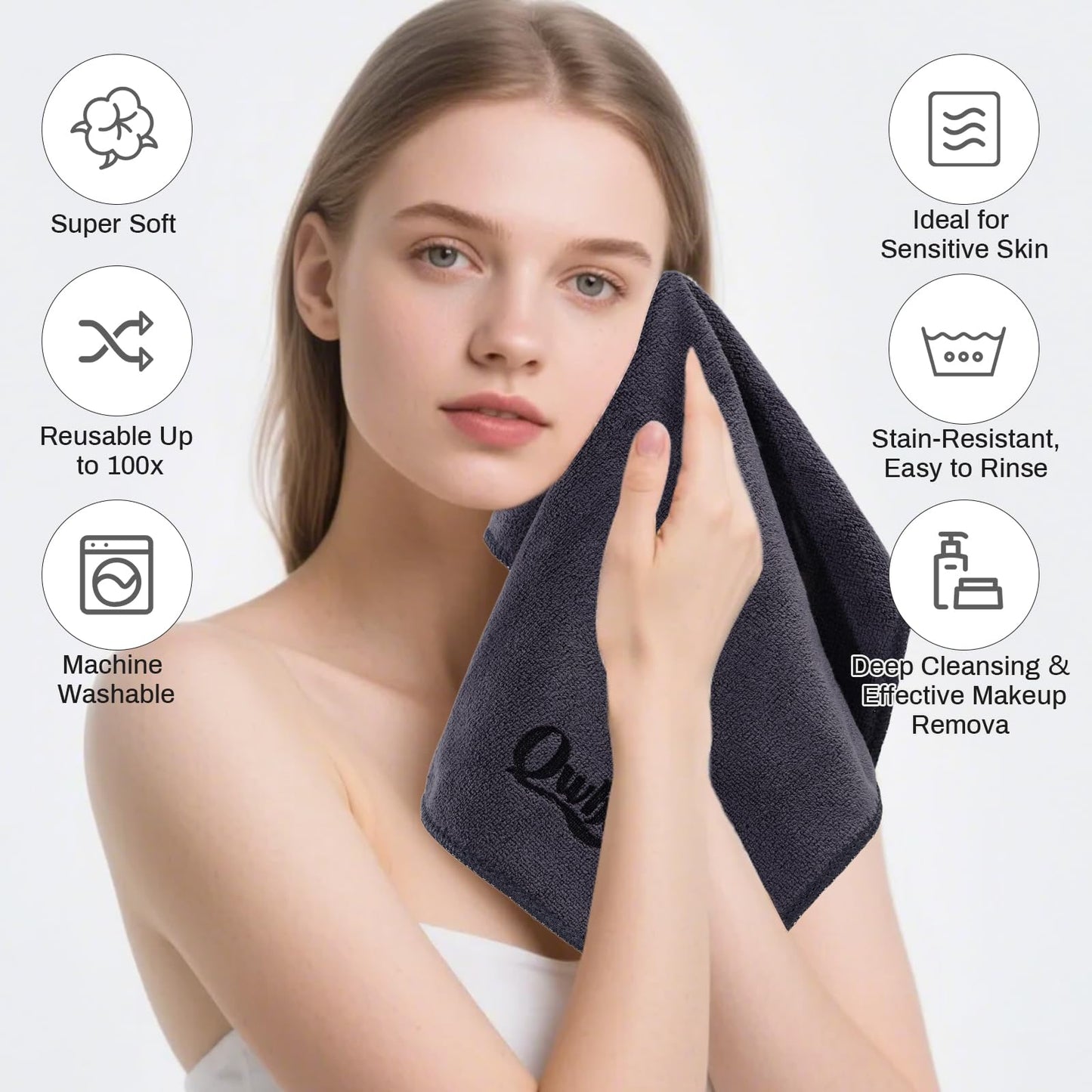 Qwhancy Makeup Remover Washcloths, 6 Pack Microfiber Face Towels, Plush & Thick, Ultra Soft Reusable Towels for Face & Hands, Highly Absorbent & Gentle 12 x 12 Inches, Black Gray
