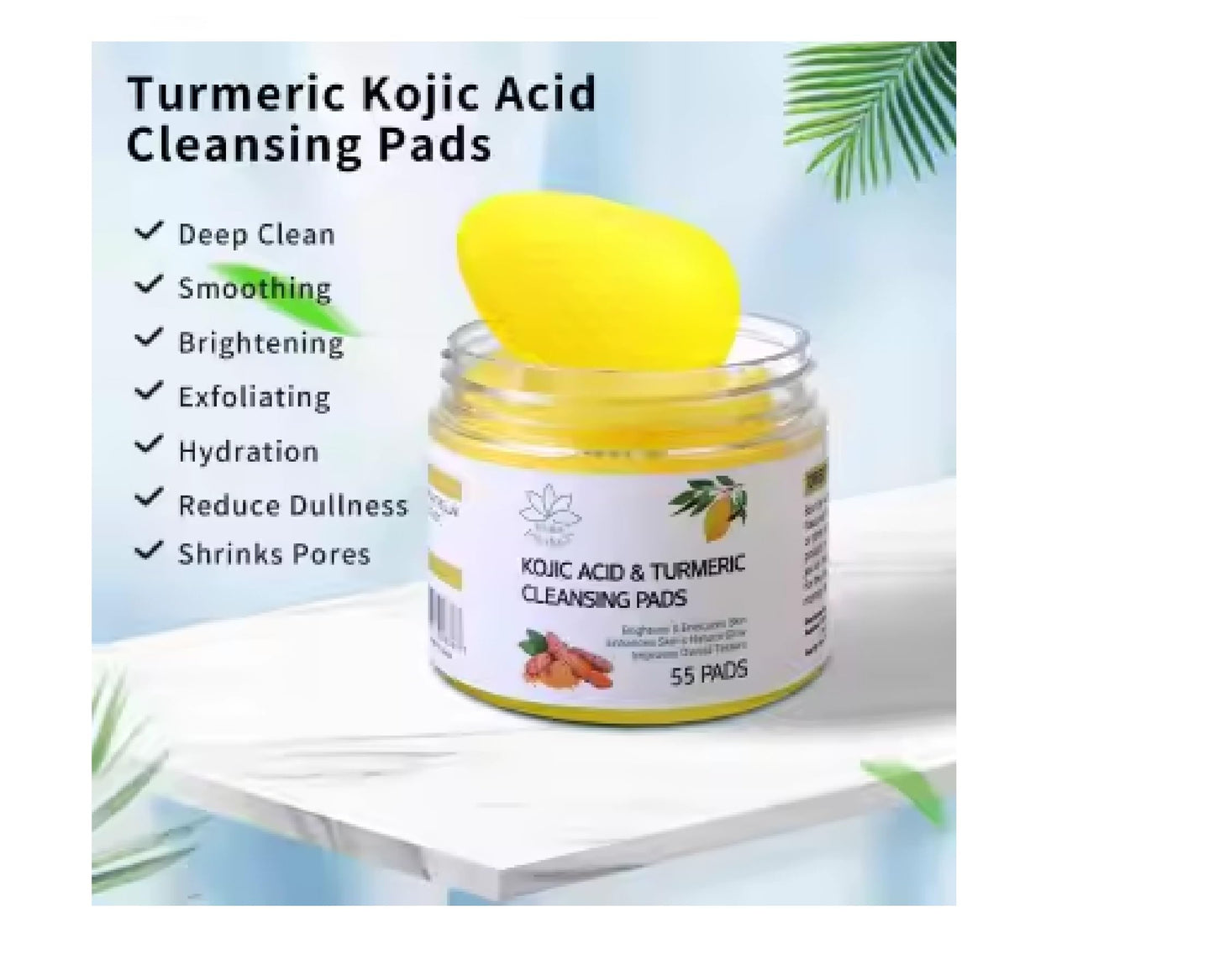 Main Products Kojic Acid and Turmeric Cleansing Pads, 55 Pcs, for Face Cleaning, Hydrating and Exfoliation.