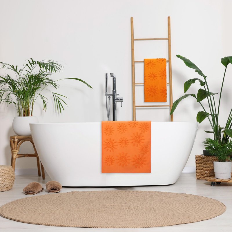 SmoothNovelty 2 Pcs Boho Hand Towels Orange Yellow Towels for Bathroom Sunshine Cotton Absorbent Jacquard Weave 3D Sun Kitchen Decor for Gift Christmas Drying Cleaning Cooking(Orange)