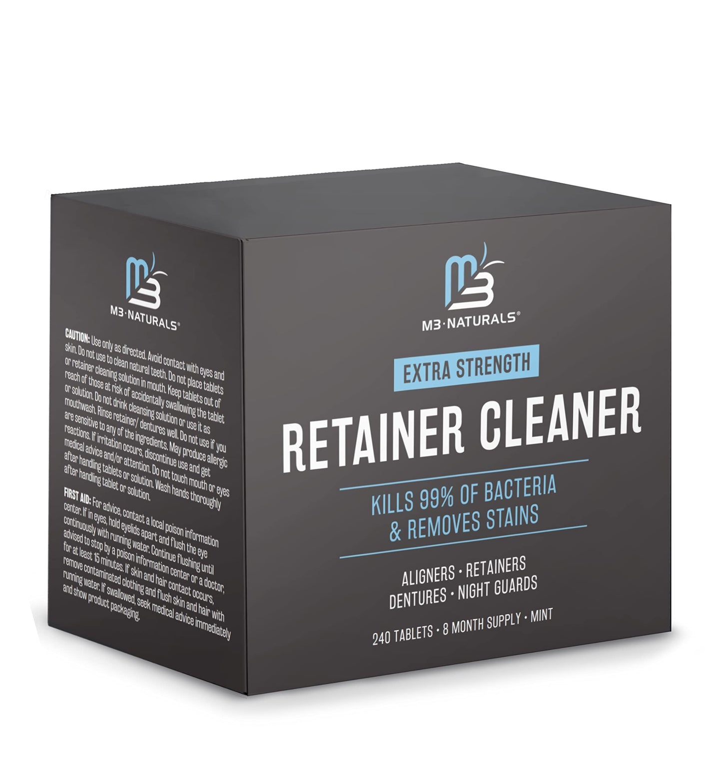 Retainer and Denture Cleansers 240 Tablets Removes Bad Odors Discoloration Stains Plaque for Cleaning Invisalign Mouth Guard Night Guard and Removable Dental Appliances by M3 Naturals