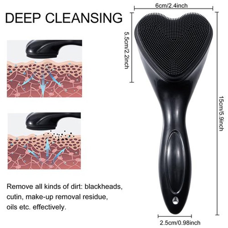 Silicone Face Scrubber Exfoliating Brush, Beomeen 2 Pack Manual Handheld Facial Cleansing Brush Blackhead Scrubber, Soft Bristles Waterproof for Face Skincare (Black,Heart)