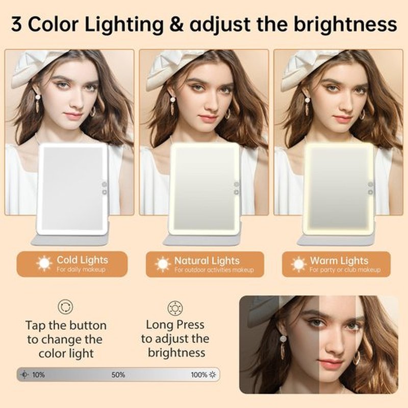 FUNTOUCH 2500mAh Large Rechargeable Travel Makeup Mirror with Light, Portable Makeup Mirror with 10X Magnifying Mirror, 3 Lighting Modes, Tabletop Folding Travel Mirror with PU Leather Cover (White)