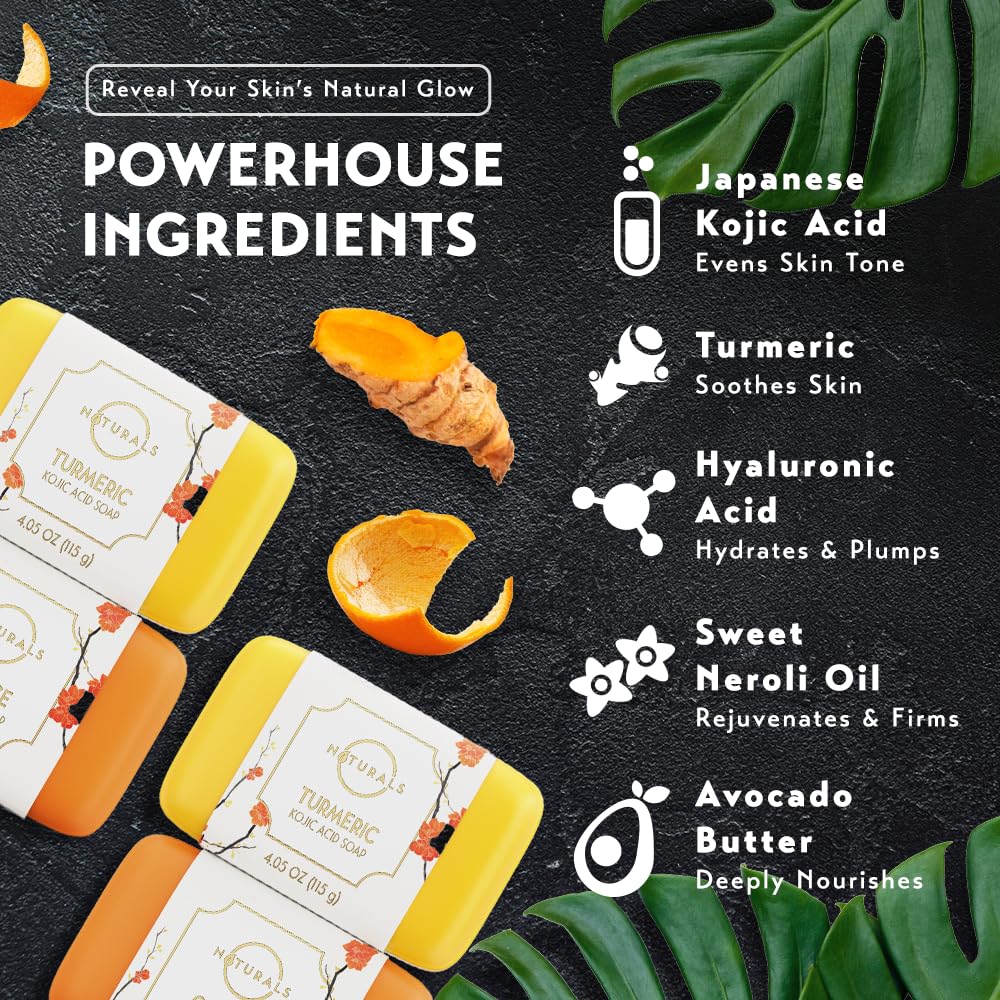 O NATURALS 100% Natural Bar Kojic Acid Soap - Gift Set - Organic Ingredients & Essential Oils - Spa Gifts for Women & Men, Body Wash - 4PC Turmeric - Mothers Day Gifts