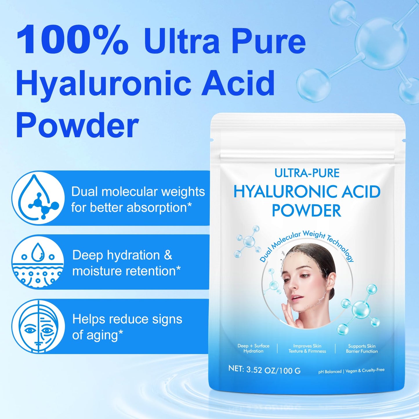 Hyaluronic Acid Powder, Deep + Surface Hydration Dual Molecular Weight Hyaluronic Acid Serum Powder, Improves Skin Texture & Firmness, Organic Moisturizing Ingredient for DIY Facial Serum, 100g