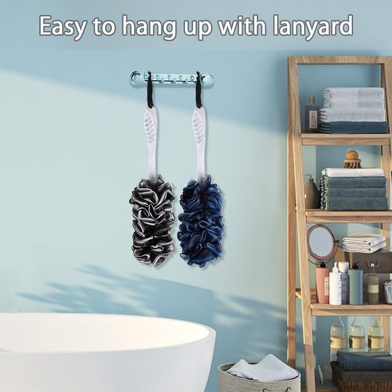 2Pack Loofah Sponge, Qewro Dual-Sided Loofah on a Stick Exfoliating Body with Long Handle, Body Scrubber for Back use in Shower with Loufas or Lufa for Men Women (2Pack Black and Navyblue)