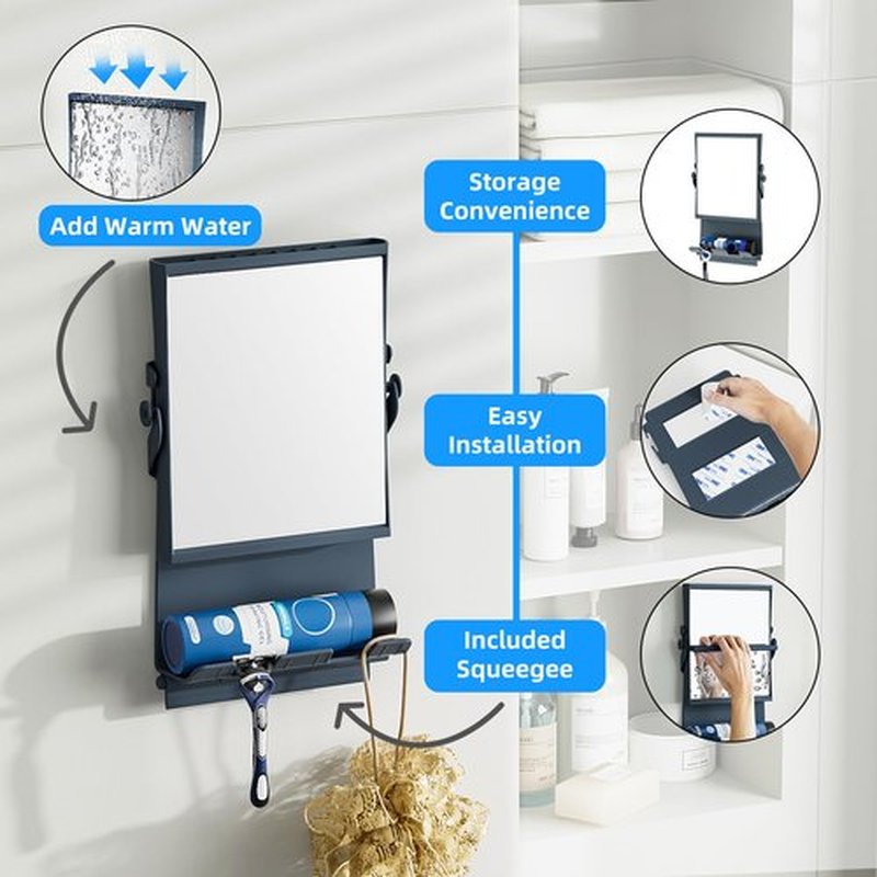APLOP Fogless Dual-Sided Shower Mirror, 1X/3X Magnification, Anti-Fog with Squeegee, Rust-Proof, Grey Blue