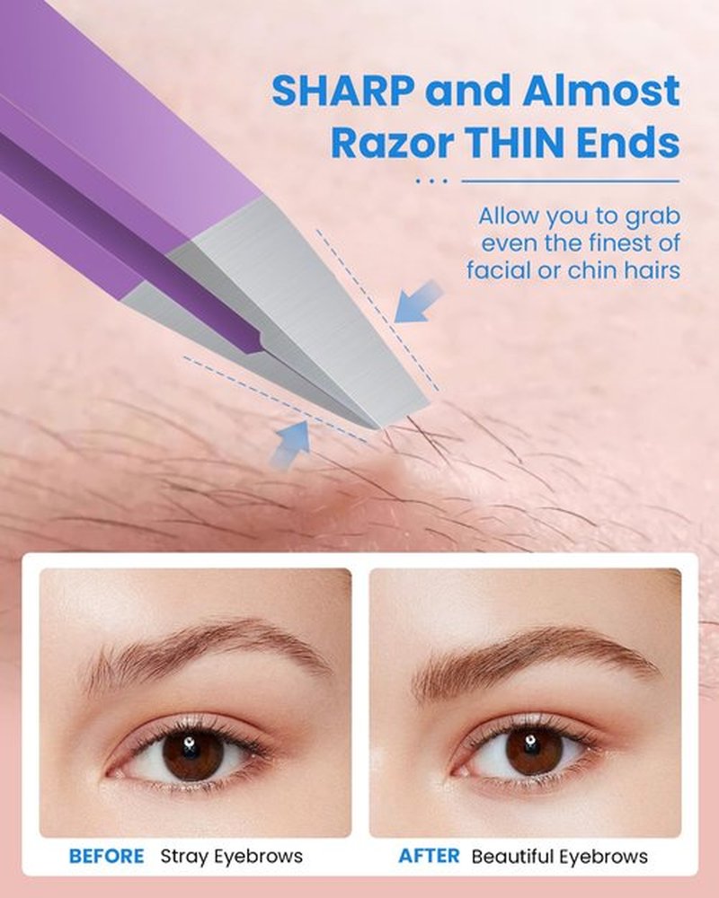 Expert Slant Tip Tweezers with Leather Case, GlamTweeler Sharp & Precision Stainless Steel Tweezer for Eyebrows, Facial Hair and Fine Hairs Removal (Violet)