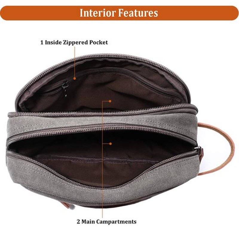 Mactso Mens Travel Toiletry Bag Canvas Leather Cosmetic Makeup Organizer Shaving Dopp Kits with Double Compartments (Gray)