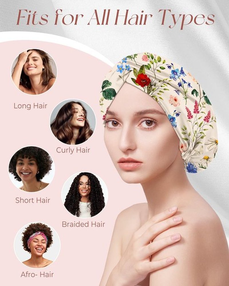 Miss Adola Silk Bonnet for Women - Mulberry Silk Sleep Cap for Hair Care with Eye Mask & Scrunchie 19 Momme Night Cap Sleeping Set with Elastic Stay On Head, Retro Flower