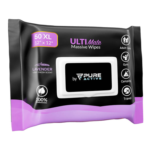 Pure Active XL Body Wipes for Face and Body, No Rinse Shower Wipes, with Aloe Vera, Vitamin E, and Alcohol Free, 12x12 Lavender 50 Pack