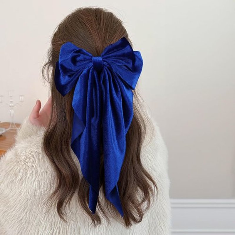 Royal Blue Big Velvet Hair Bows Long Tail For Women Girls Thick Hair,Velvet Ribbon Bowknot Hair Clips French Barrette Grip Her Wedding Dance Engagement Party Dress Decor Accessory