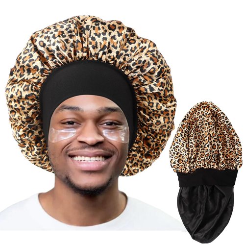 Bonnet for Men,Hair Bonnet for Sleeping,Double Layer Satin Bonnets for Black Women Curly Hair Braids,Reversible Sleep Cap (Large,Black/Leopard)