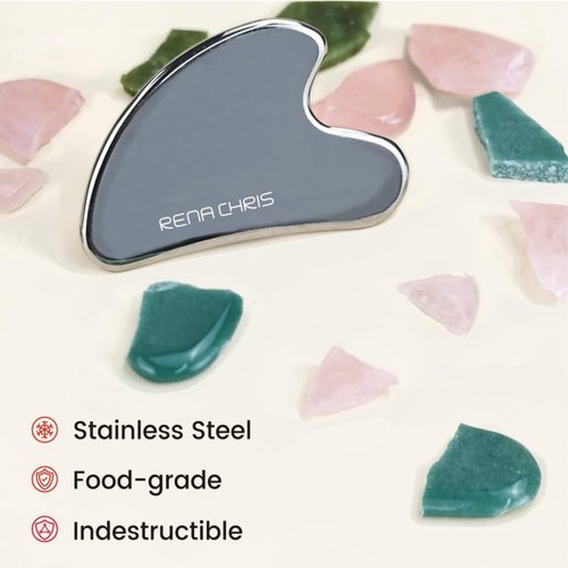 Rena Chris Gua Sha Facial Tools, Stainless Steel Guasha, Manual Massage Sticks for Jawline Sculpting and Puffiness Reducing, Scraping Massage Tool, Skin-Care Tool (Silver)
