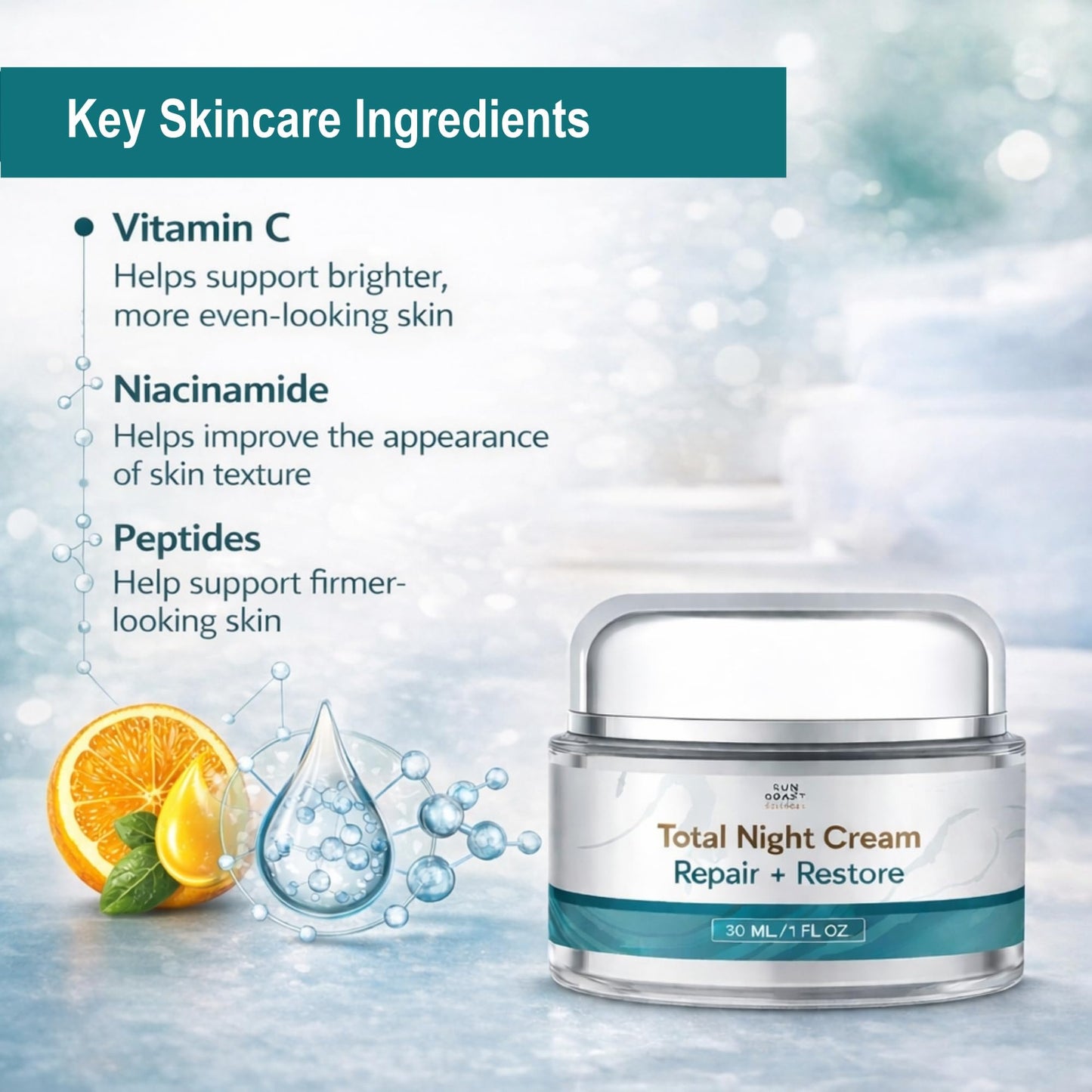 SUN COAST SCIENCES - Total Night Cream, Night Face Cream for All Skin Types, Night Face Moisturizer with Vitamin C, Niacinamide and Peptides, by Dr. Mark Rosenberg - 1 fl oz