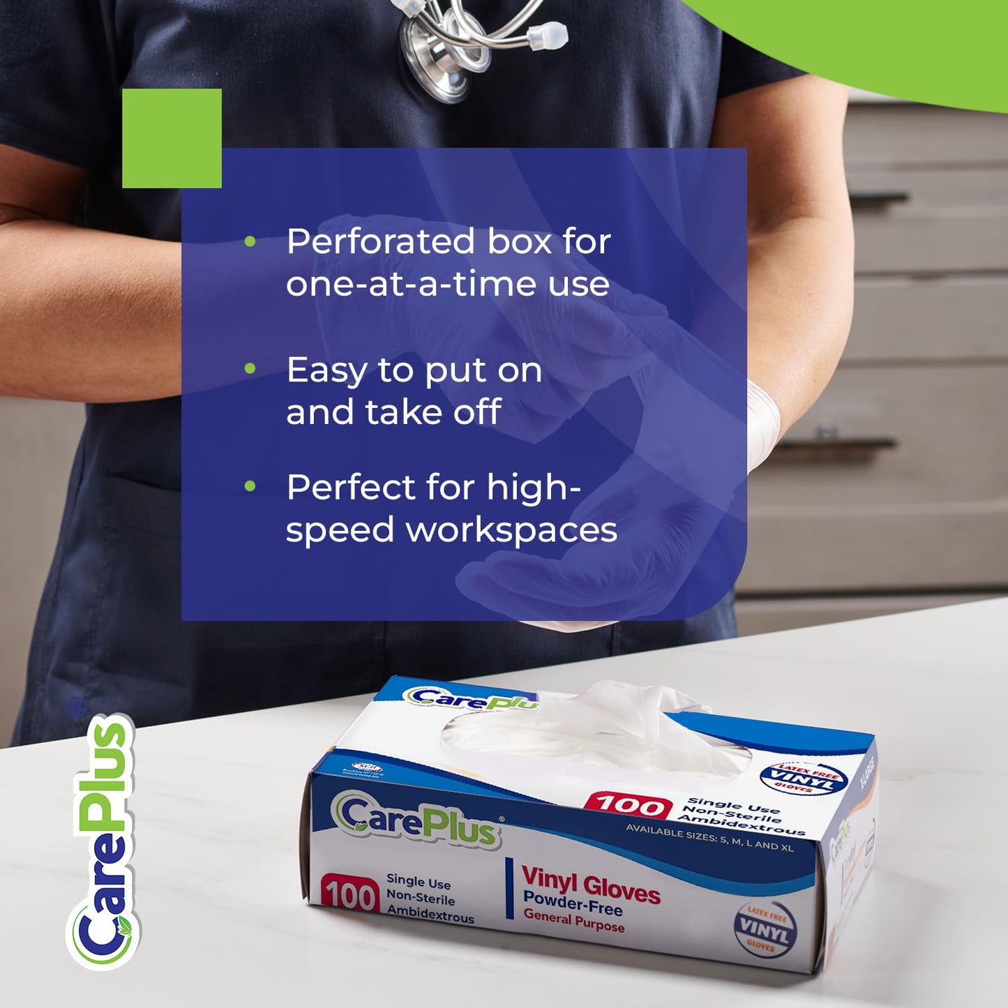 CARE PLUS Latex-Free Vinyl Gloves Clear Medium Size 100 Count | Heavy Duty, Non-Sterile, Powder-Free, Rubber | Food Prep, Kitchen & Cleaning Gloves, Ideal for Professional Use