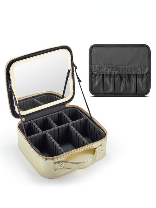 MIRRORNOVA Travel Makeup Bag with Lighted Mirror，Makeup Train Case with Adjustable Dividers and 3 Light Modes, PVC, Pale Gold