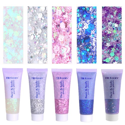 Face Body Glitter, Hair Glitter Sparkles Chunky Body Face Glitter Gel for Girls Makeup Singer Concerts Mermaid (White+Silver+Pink+Blue+Purple)