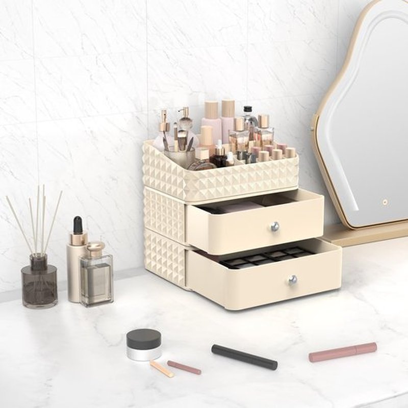 Rosoenvi Makeup Organizer for Vanity, Stackable Cosmetics Organizer and Storage, Cosmetic Display Cases with 2 Drawers and 1 Tray for Makeup Brush, Hair Accessories, Lipstick and Jewelry, Beige