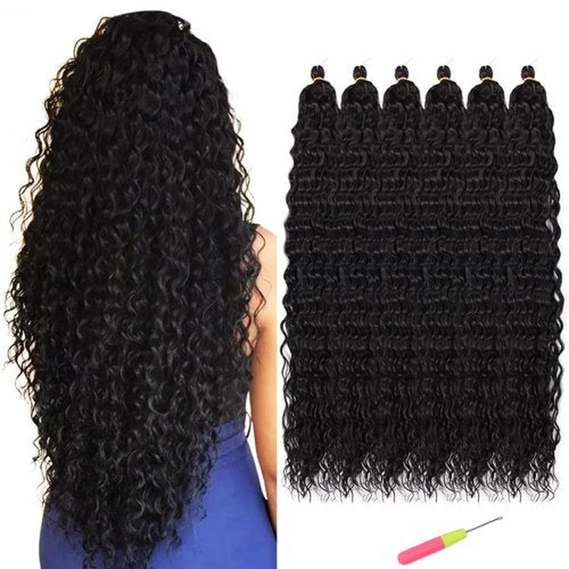 Ocean Wave Braiding Crochet Hair Extension 26 inch 6packs Curly Crochet Hair Synthetic Wavy Hair Extensions for Women #1B Natural Black