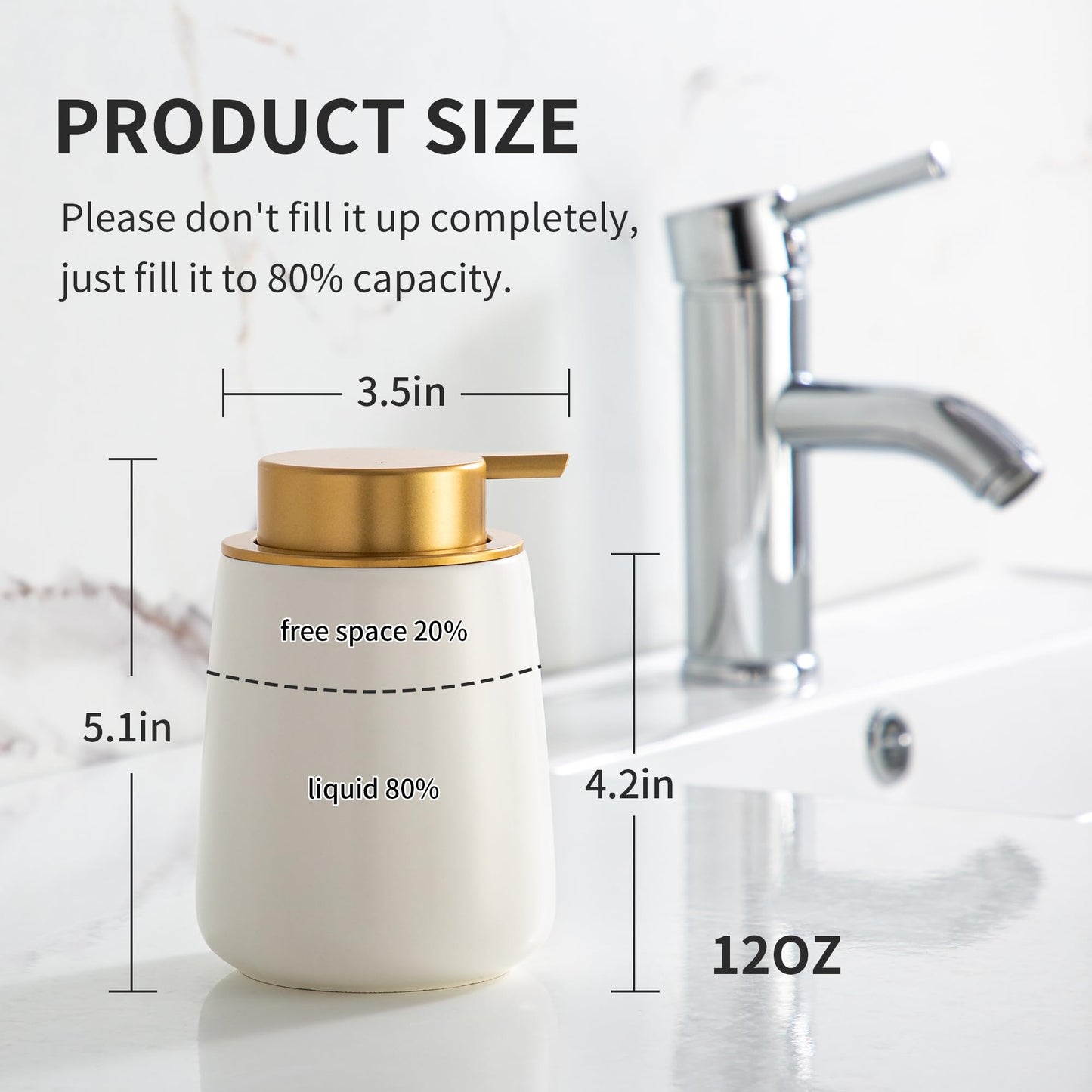 Enra Ceramic Soap Dispenser, 12 Oz Wide-Mouth Hand Lotion Dispenser with Gold Pump, White Refillable Dish Soap Dispenser for Kitchen & Bathroom Countertop Decor